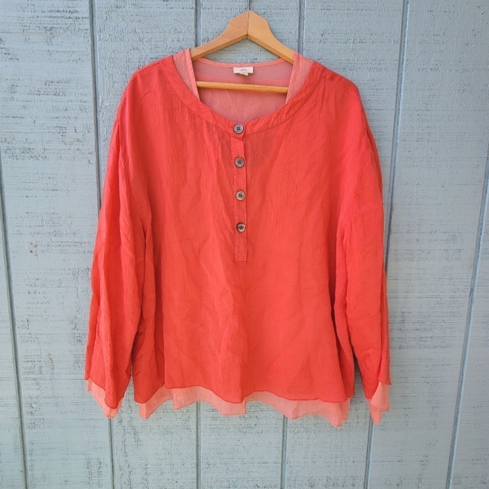 J Jill Rayon Crinkle Crushed Layered Lagenlook Blouse size XL Pink Peach